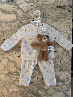 Neutral Bear Print Kids Sweatshirt Set with Plush Teddy